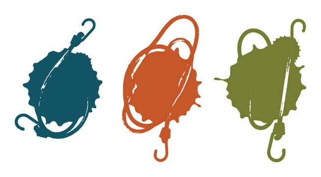Colored bungees with hooks icons set in hand drawn linocut style