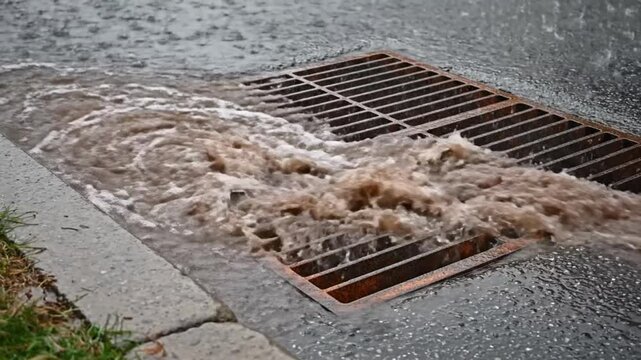 Heavy rainfall causes overflowing water to surge through street drain, capturing the power of nature's downpour