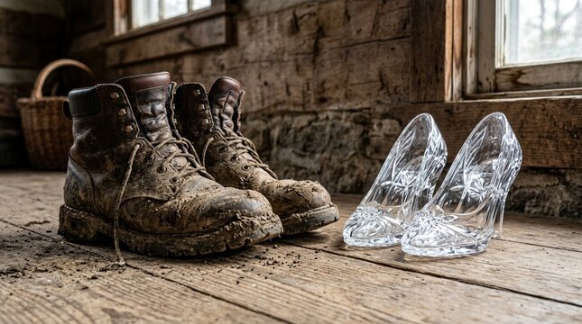 Muddy work boots and delicate glass slippers side by side indoors