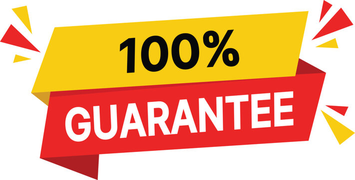 100% guarantee banner with red and yellow abstract shapes and white text