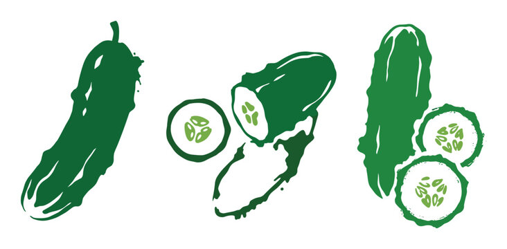 Cucumber hand drawn doodle set with whole vegetables and slices