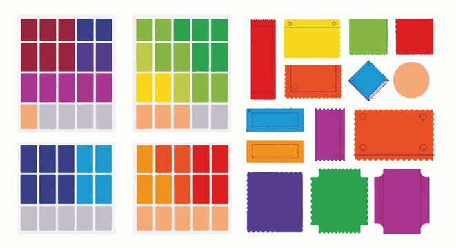 Assorted colorful shapes and grids of rectangles on a white background