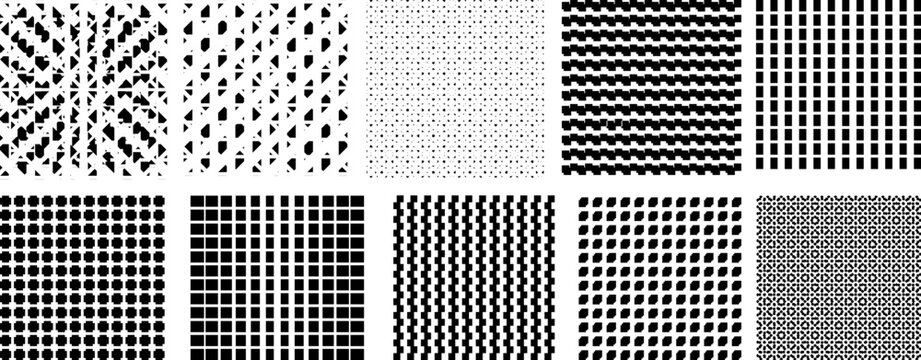 Black and white geometric patterns collection, abstract seamless dot grid and line vector designs