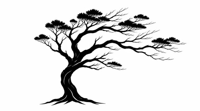 Black ink silhouette of a traditional Japanese bonsai pine tree on a white background.