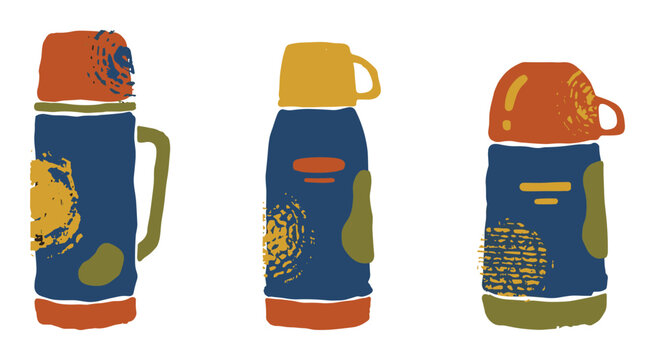 Hand drawn thermos bottles and mugs in various colors on checkerboard
