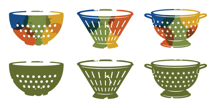 Kitchen colander collection with various shapes and color fills