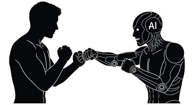 Man versus machine a silhouette depicts a boxing match between human and robot