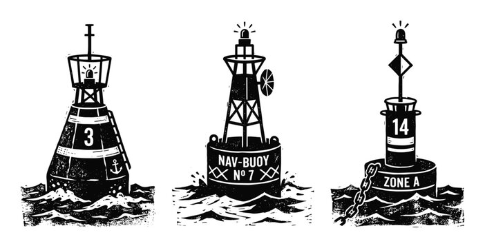 Nautical navigation buoy collection floating on ocean wave water