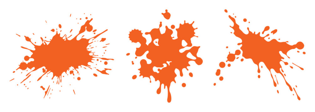 Orange paint splash set with various liquid spray drop effects