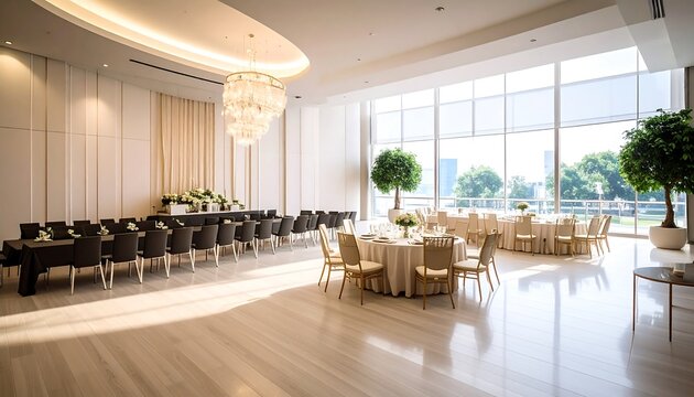 Elegant Sunlit Banquet Hall Set for Dining in Modern Event Venue