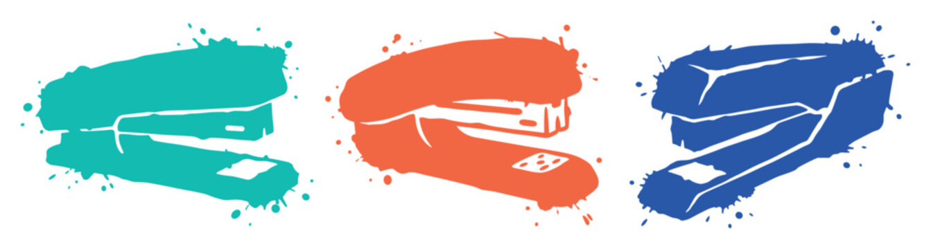 Set of colorful stapler silhouettes with artistic paint splashes