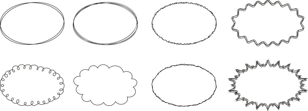 Black hand drawn oval frame collection with creative rough line scribble border shapes for price label decoration