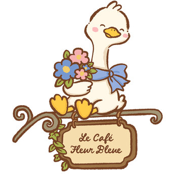 Cute Long Neck Goose Sitting On Vintage Paris Cafe Sign Holding Blue Hydrangea Bouquet French Bakery Flower Shop Clipart Illustration