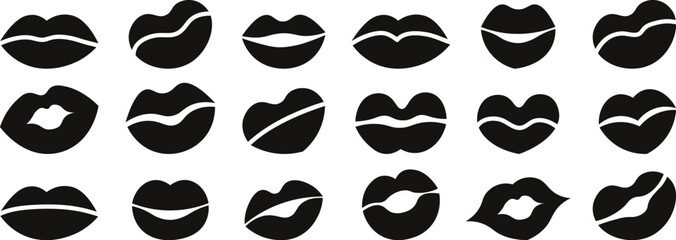 Fototapeta premium Black lip kiss mark collection with creative flat solid lipstick shape graphic elements for beauty design
