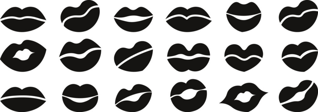 Black lip kiss mark collection with creative flat solid lipstick shape graphic elements for beauty design