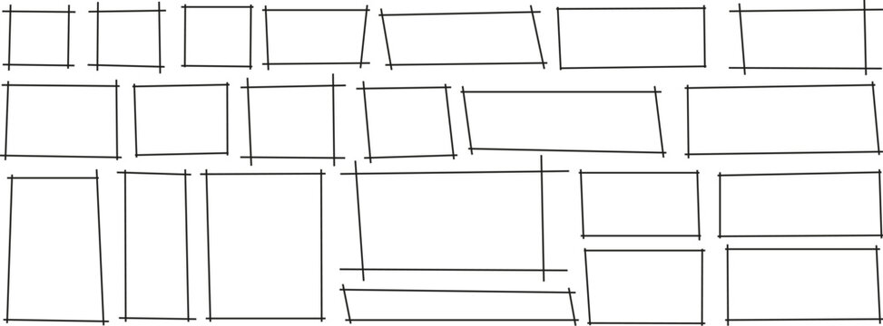 Black line hand drawn square frame collection with rough border outline shapes for creative photo placement