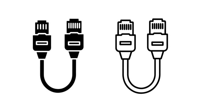 Ethernet Cable Icon Set: Flat Design Black and Outline Symbols for LAN Network and Internet Connection