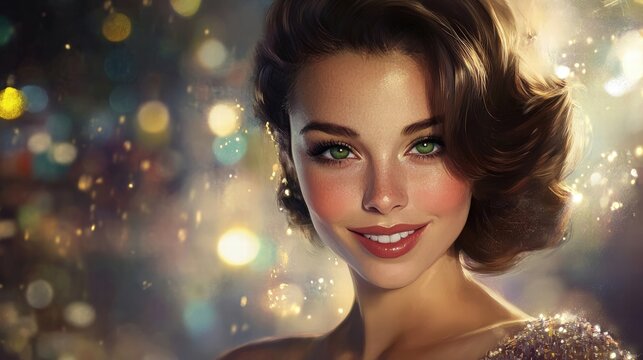 beautiful woman portrait sparkling lights green eyes evening gow
