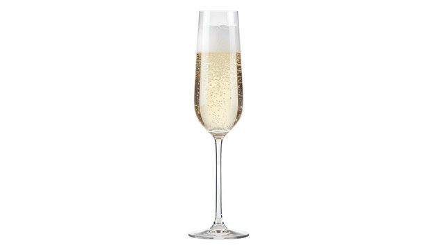 Elegant champagne flute with bubbling sparkling wine, crystal glass of golden prosecco for celebration, luxury alcoholic beverage for toast isolated PNG with Transparent Background