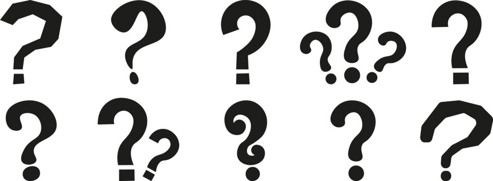 Black silhouette cartoon question mark collection with bold interrogation symbols for quiz game faq template