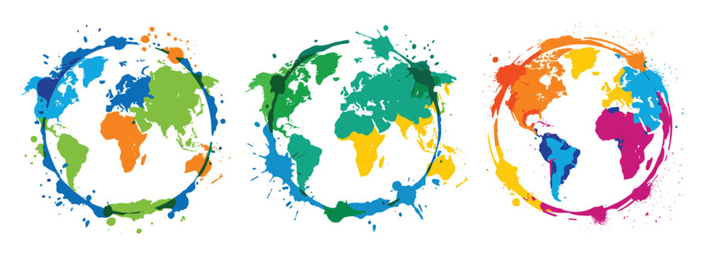 Three colorful globes with paint splatter effect on world maps set