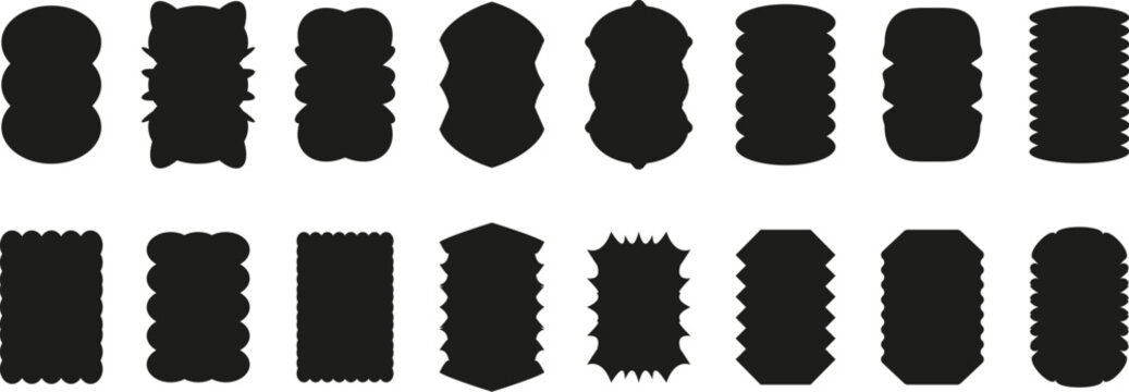 Black vertical rectangle shape collection with creative unique flat cartoon badge labels for name tag template