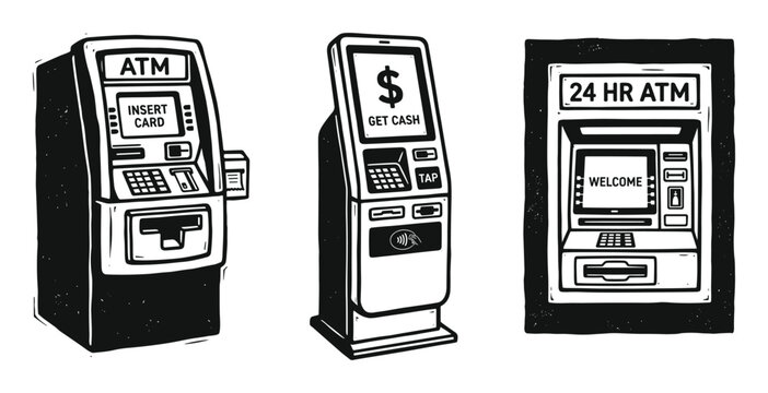 Three different styles of atm bank machines for financial services