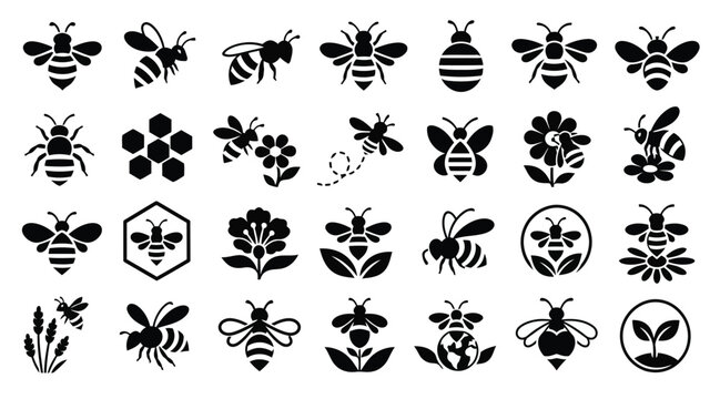 30 Bumble Bee Solid Black Silhouette Pollinator, Garden Insect, and Nature Icons Set on White Background