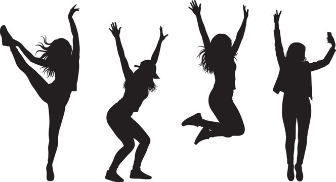 Energetic Female Silhouette Collection Featuring Dancing Jumping and Celebration Poses Isolated on Light Background