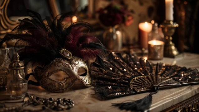 finery. Feathered mask and sequined fan on vanity table, soft candlelight. event programs, museum guides, designed for cultural heritage projects and event programs, elevates cultural identity.