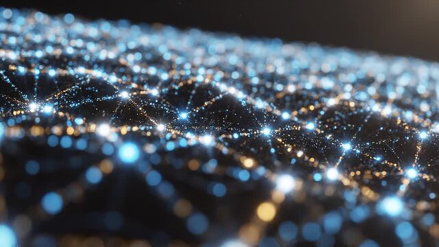 Abstract digital network connection with glowing blue and gold particles in a futuristic data communication structure