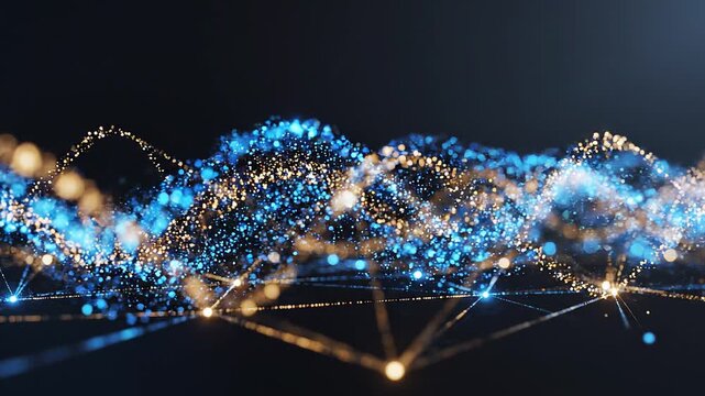Abstract digital network connection with glowing blue and gold particles in a futuristic data communication structure