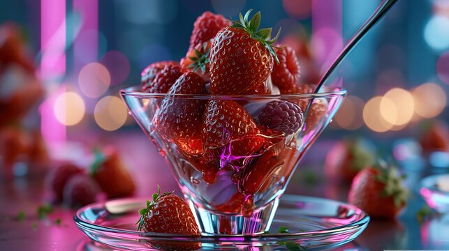 National Strawberry Parfait Day: A futuristic strawberry parfait in a sleek glass on a reflective surface, surrounded by neon pink and purple bokeh lights, cyberpunk night city background blurred