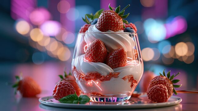National Strawberry Parfait Day: A futuristic strawberry parfait in a sleek glass on a reflective surface, surrounded by neon pink and purple bokeh lights, cyberpunk night city background blurred