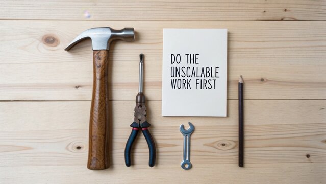 Hammer, pliers, wrench, screwdriver, pencil, and note on wooden table reminding to do the unscalable work first in a motivational workspace arrangement