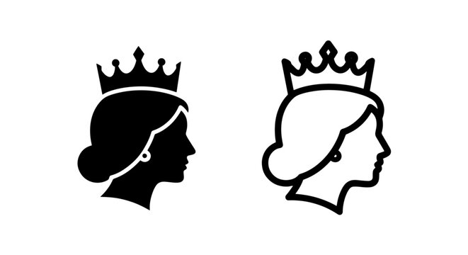 Elegant side profile of a queen with a crown and bun hairstyle in silhouette and outline icons for classic royal branding