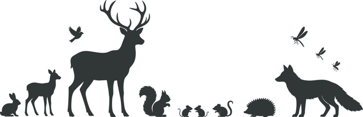 Fototapeta premium Forest Animal Silhouettes Collection Featuring Deer Fox Rabbit Squirrel Hedgehog and Wildlife Nature Illustration