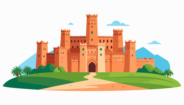 A vibrant, cartoonish illustration of an ancient orange castle with multiple towers