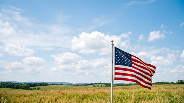 National flag waving on flagpole in rural countryside landscape under blue sky and clouds.