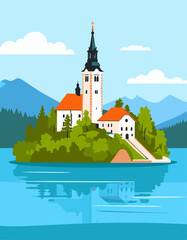 Naklejka premium Lakeside island church with steeple, serene water reflection, distant mountains, and fluffy clouds