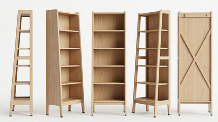 Collection of modern light wood bookshelves isolated on white background. Minimalist Scandinavian style furniture set from various angles for home storage, professional 3D render of oak bookcase. © Itx Musa