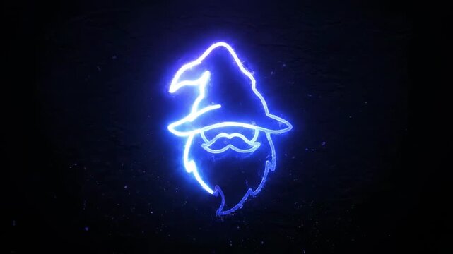 Glowing blue wizard icon with a hat, beard, and mustache on a dark background