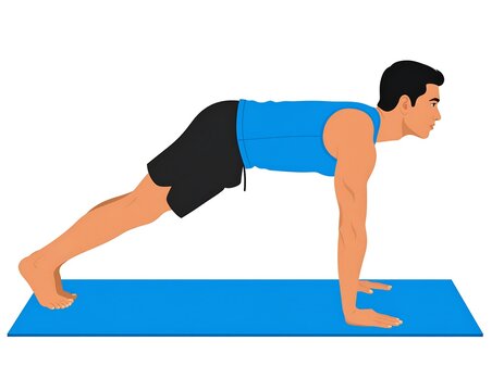 Athletic Young Man Holding Plank Pose on Blue Exercise Mat Indoors