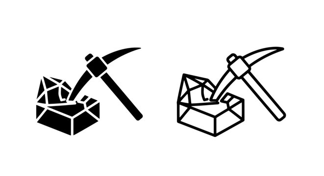 Gemstone and mineral mining icon set with pickaxe and ore, precious stone extraction industry concept