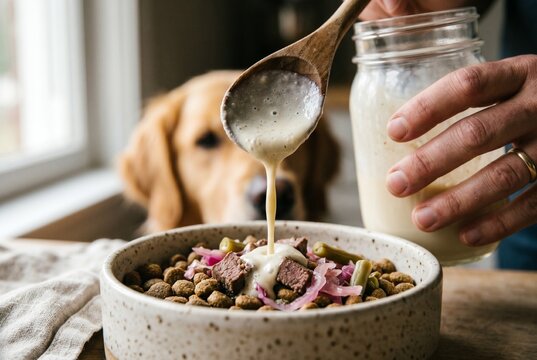 Close-up of an owner pouring fermented goat milk kefir over healthy dog food kibble with meat and vegetables. A golden retriever waits in the background. Holistic pet gut health nutrition.