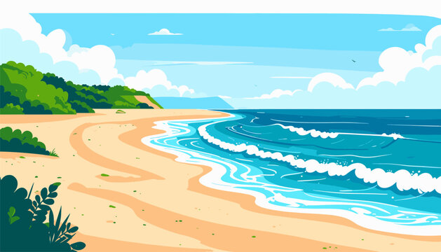 Rolling waves approach a green, forested coastline under a blue sky