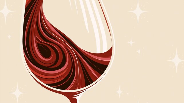 Zoomed medium shot focusing on a stylish wine swirl confined by a simple glass silhouette complemented by a gentle cream background featuring understated spark accents in a
