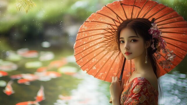 beautiful asian woman with parasol in garden