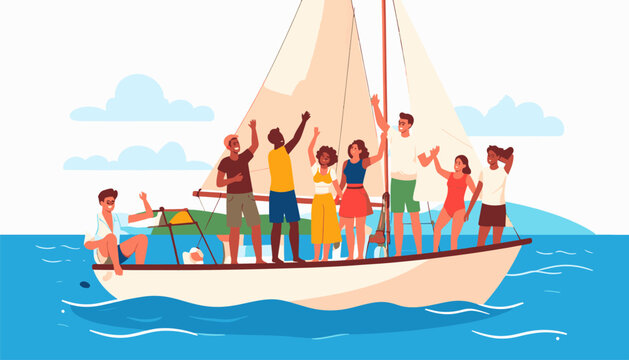 Diverse group of friends enjoying a sunny day sailing on the ocean
