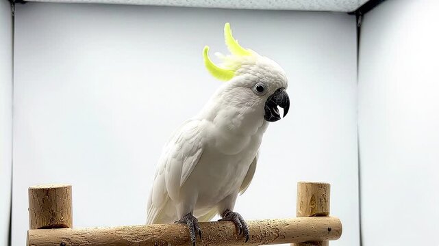 White cockatoo bird on wooden perch